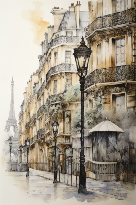 An imaginary cityscape based on the city of Paris. Watercolour City, French Art Prints, Paris Collage, Architecture Paintings, Paris Drawing, Mega City, City Of Paris, City Sketch, Watercolor City