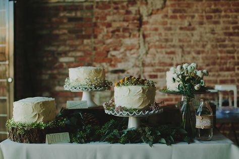 Wedding Cakes On Separate Stands, Winter Dessert Table, Floral Dessert Table, Kinfolk Wedding, Cake Buffet, Rustic Wedding Desserts, Phil Chester, Rustic Dessert Table, Greenery Runner