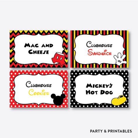 Mickey Mouse Food Labels / Editable Mickey Mouse Food Labels, Mickey Food, Mickey Mouse Food, Hot Dog Party, Food Label Template, Buffet Cards, Mickey Mouse Birthday Cake, Mickey Mouse Clubhouse Birthday, Food Tags