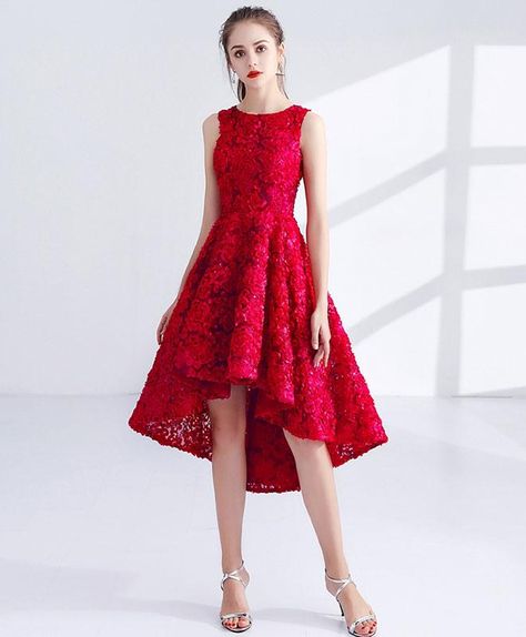 Red, lacey, high low. Prom Dress High Low, Red Lace Prom Dress, High Low Prom Dress, Freshman Homecoming, Y2k Aesthetic Fashion, Dress High Low, High Low Prom Dresses, 60's Dress, Prom Dresses Two Piece