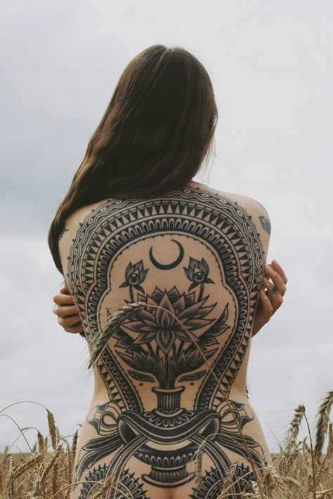 Black And Grey Back Tattoos For Women, Mystic Back Tattoo, Womens Back Piece Tattoo, Body Suit Tattoo Woman, Traditional Body Suit Tattoo, Trad Backpiece Tattoo, Trad Back Piece, Floral Back Piece Tattoo, Traditional Full Back Tattoo