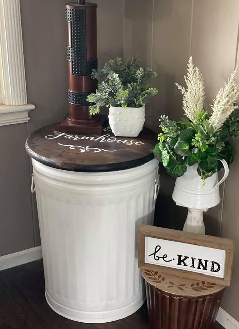 Farmhouse Trash Can Ideas, Farmhouse Trash Can, Trash Can Ideas, Boutique Store Displays, Can Ideas, Repurpose Projects, Homemade Decorations, Farmhouse Dining Rooms Decor, Sunroom Decorating