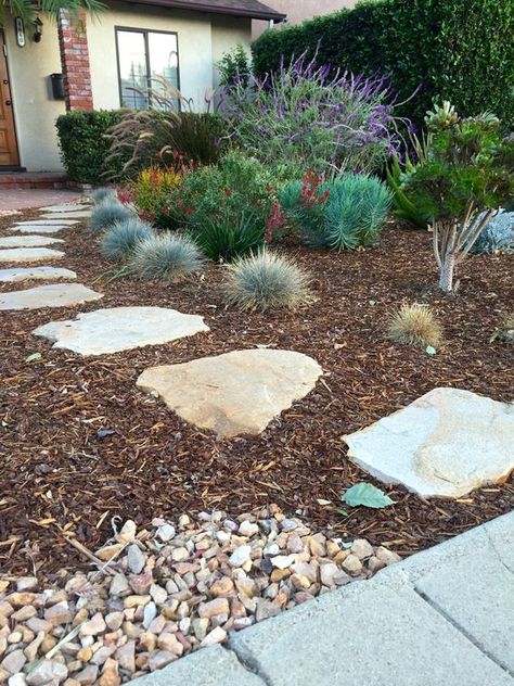 Drought Resistant Landscaping, Low Water Landscaping, Low Water Plants, Mulch Landscaping, Low Maintenance Landscaping, Stone Path, Low Maintenance Garden, Front Yard Landscaping Design, Landscaping With Rocks