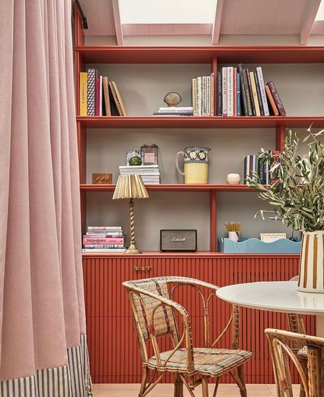 Matilda Goad, British Decor, Cozy Furniture, Yellow Curtains, Pink Living Room, Blue Cabinets, London House, Upholstery Fabrics, Custom Upholstery