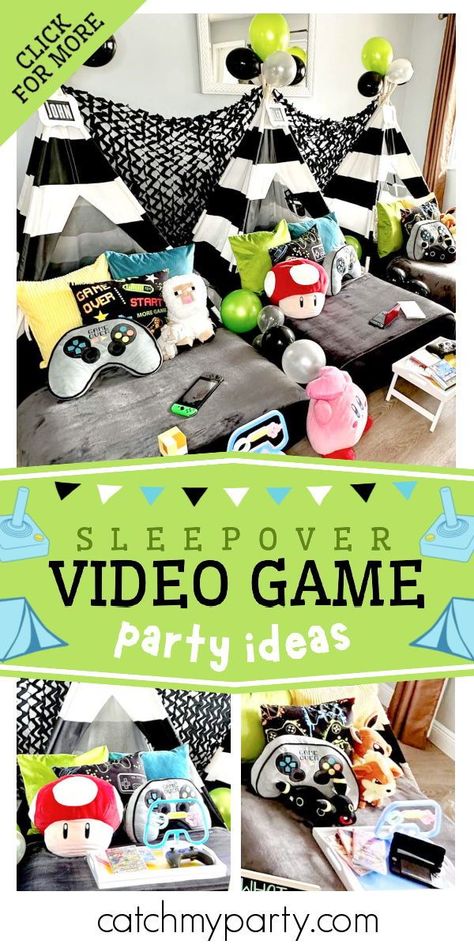 Check out this awesome video game sleepover! The party favors are so cool! See more party ideas and share yours at CatchMyParty.com Video Game Slumber Party, Video Game Sleepover Party, Boy Sleepover Ideas, Sleepover Ideas For Boys, Boys Sleepover, Video Game Party Ideas, Boys Sleepover Party Ideas, Gamers Party Ideas, Video Game Party Theme