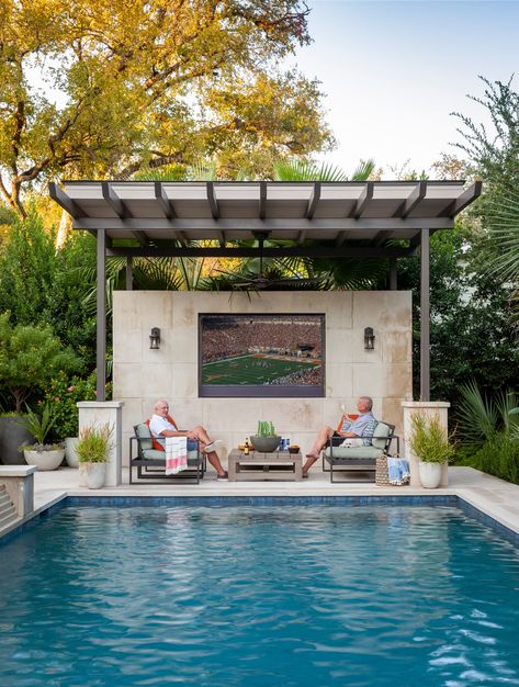 Cabana with Built-in Outdoor Television - Transitional - Pool - Austin - by B. Jane Gardens | Houzz Small Pool Cabana, Outdoor Television, Pool Gazebo, Stone Pool, Pool Remodel, Pool Cabana, Rectangular Pool, Pool Picture, Modern Pools