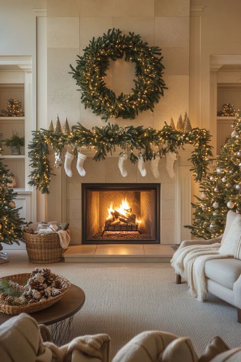 Winter Aesthetic Decoration, Corner Fireplace Christmas Tree, Mantle Christmas Decor Ideas Stocking, Christmas Fireplace Wreath, Christmas Asthetics Decor, Christmas Ashestic Cozy, Rental House Decorating Ideas, Christmas House Decor Aesthetic, Classic Cozy Christmas Decor