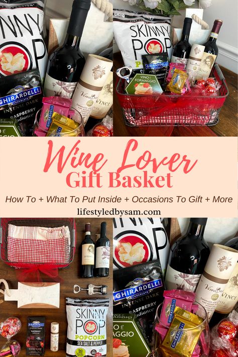 Wine And Candle Gift Basket, Wine Gift Basket Ideas For Women, Wine Raffle Basket Ideas, Wine Christmas Gift Ideas, Wine Christmas Gifts Basket, Wine Basket Gift Ideas Diy Budget, Wine Basket Gift Ideas Diy, Wine Glass Gift Basket, Wine Basket Ideas