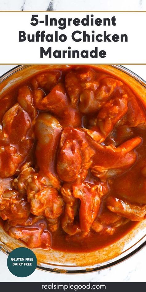 This  buffalo chicken marinade uses only 5 ingredients and it's perfect to use as a marinade or sauce for chicken wings, breasts or thighs. Perfect for grilled chicken, salads, sandwiches, wraps and much more! You can even use it simply as a dipping sauce. | Real Simple Good via @realsimplegood Hot Wing Marinade, Buffalo Chicken Marinade, Chicken Wings Marinade, Grilled Chicken Salads, Sauce For Chicken Wings, Red Hot Chicken, Easy Homemade Buffalo Sauce, Chicken Wing Marinade, Buffalo Chicken Sauce