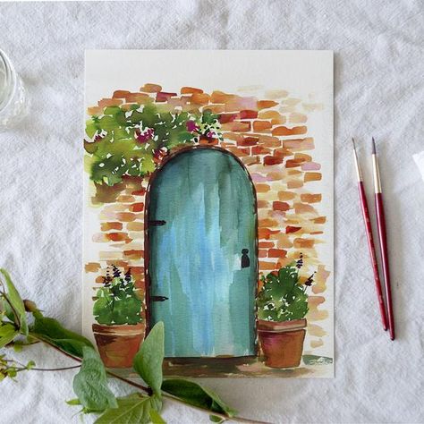 Canvas House Painting, Houses Watercolor Painting, Pencil Watercolor Drawing, Watercolor Home Painting, Watercolor Window Painting, Watercolor Painting On Canvas, Watercolor House Painting Tutorial, Art Inspiration Painting Watercolour, Watercolor Doors Paintings