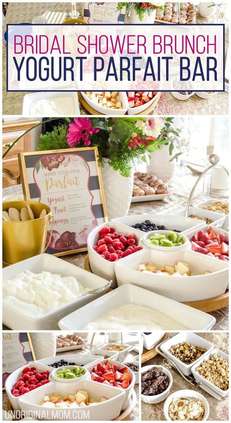 Easy Shower Brunch Idea,  Yogurt Parfait Bar, Brunch Food Ideas, Bridal Shower, Brunch Food, Baby Shower Bar, Shower Food Ideas Yogurt Parfait Bar, Bridal Brunch Food, Yoghurt Parfait, Parfait Bar, Baby Shower Brunch Food, Wedding Shower Brunch, Salad Aesthetic, Sweet Custard, Shower Bar