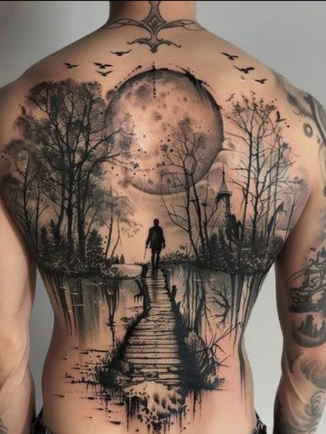 Back Landscape Tattoo, Oak Tree Back Tattoo, Men’s Outside Bicep Tattoo, Path Tattoo Design, Naturistic Tattoos, Tree Tattoo On Leg, Tree Tattoo For Men, Family Tree Tattoo For Men, Tree Back Tattoo