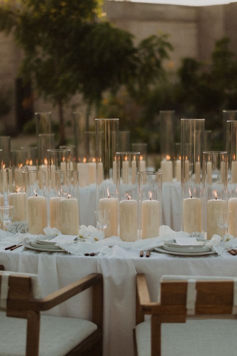 Thick Candles Wedding, Ribbed Candles Wedding Table, Tapered And Pillar Candles Wedding, Candle Heavy Tablescape, Candle Heavy Wedding Table, Sicily Moodboard, Candle Beach Wedding, Pillar Candles Sweetheart Table, White Candles Wedding