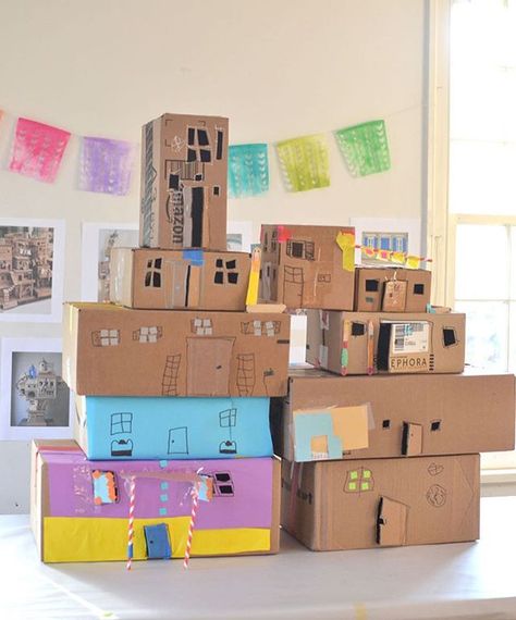 the kids are building a cardboard box apartment building in art class. we will keep adding to it next week. can't wait to see how it evolves! #artbarclass #recycled Big Cardboard Boxes, Recycled Artwork, Cardboard City, Carton Diy, Homeschooling Ideas, Cardboard House, Cool Art Projects, Cardboard Art, Art Activities For Kids