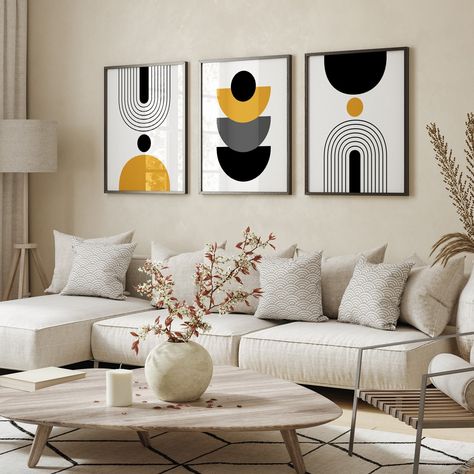 Modern Printable Wall Art, Set of 3 Posters and Prints Digital Download, Mustard Yellow & Black Triptych Artwork for Living Room, Bedroom Yellow Decor Living Room, Modern White Living Room, Black And White Living Room, Modern Printable Wall Art, Yellow Living Room, Black Wall Art, Artwork For Living Room, White Living Room, Wall Art Set Of 3