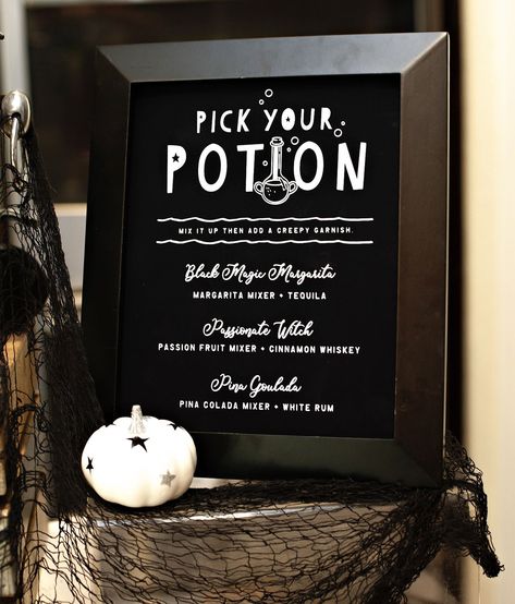 Halloween Drinks Station, Halloween Drink Station Ideas, Halloween Soda Bar, Halloween Drink Signs, Potion Bar Halloween, Halloween Drink Menu Design, Halloween Drink Station, Diy Halloween Drinks, Beverage Station Party