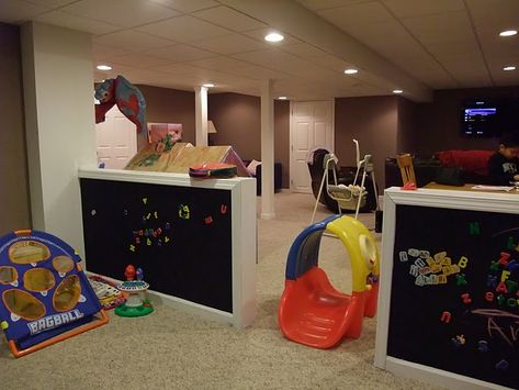 Toy Room In Basement, Play Area In Basement Small Spaces, Basement Playroom Movie Room, Basement Toy Area, Basement Play Corner, Basement Playroom Family Room Layout, Basement Playroom Paint, Unfinished Basement Toy Room, Basement Play Area Ideas