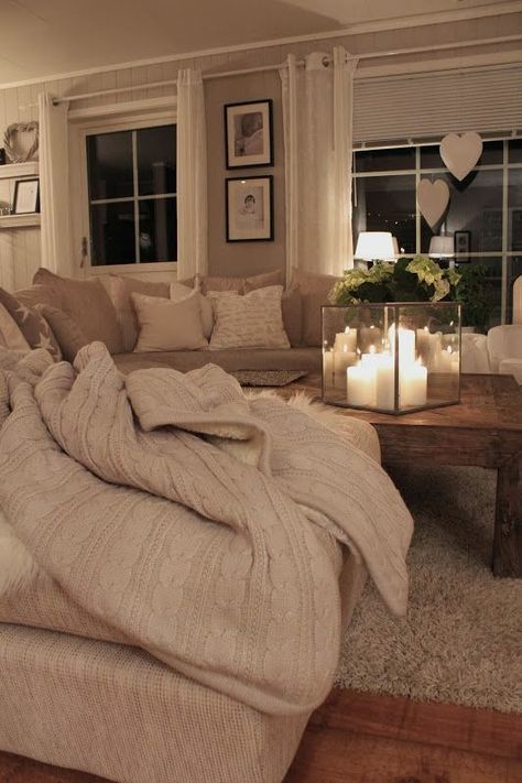 Cozy Living Area// I REALLY like that coffee table and the candle lantern thingy!  I dig the soft beige colors too! Candle Lighting, Romantic Ideas, Valentines Decor, Valentines Ideas, Updating House, Decor Minimalist, Home Design Decor, A Living Room, Ikea Hacks