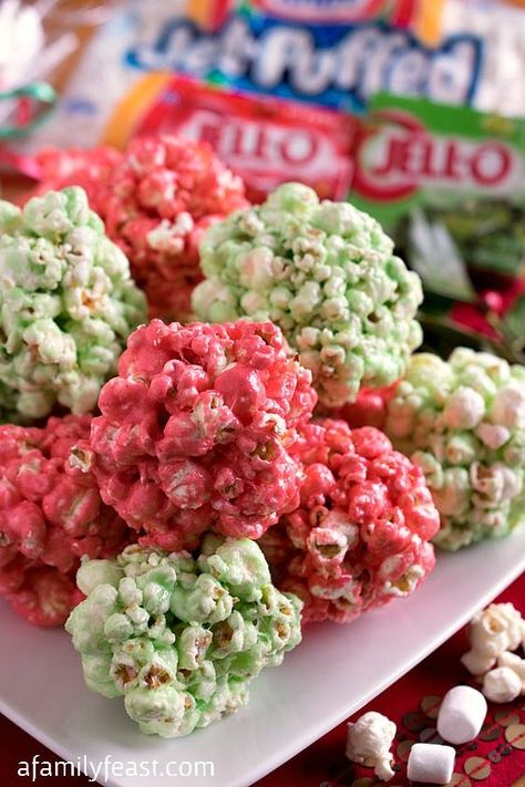 Festive JELL-O Popcorn Balls - A Family Feast® Hello Popcorn Balls, Halloween Appetizer Recipes, Jello Popcorn, Marshmallow Popcorn Balls, Popcorn Balls Recipe, Easy Popcorn, Halloween Appetizer, Marshmallow Popcorn, Blue Popcorn