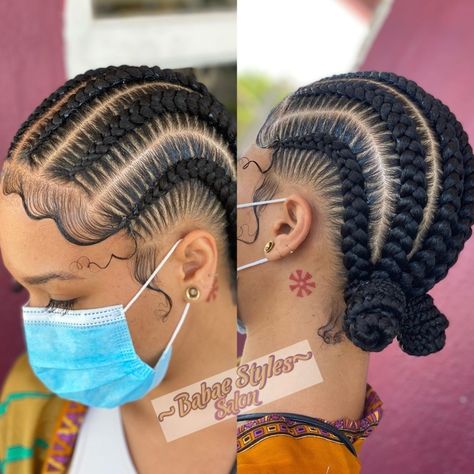 Stitch Braids With Two Buns, Short Stitch Braids, Braids With Two Buns, Braids With Knots, Stitch Braids With Bun, Lastest Hair Styles, Hair Braid Designs, Cornrows Natural Hair, Lemonade Braids Hairstyles