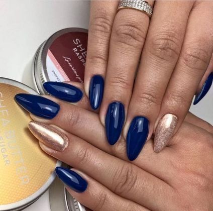 Navy Blue And Gold Nail Ideas, Navy Blue Gold Nails, Trendy Nails Chrome, Blue Gold Nails, Nails Navy, Navy Blue Nails, Nails Chrome, Indigo Nails, Polish Ideas