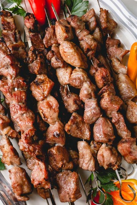 Grilled pork kebabs (shashlik, in Russian) is the summer staple! Here’s how to make the juiciest and most tender grilled pork skewers with simplest marinade. #porkkebabs #shashlik Vegetables Platter, Russian Dinner, Grilled Pork Skewers, Best Grilled Vegetables, Pork Kebabs, Russian Heritage, Grilled Vegetable Recipes, Best Freeze Dried Food, Heritage Recipes