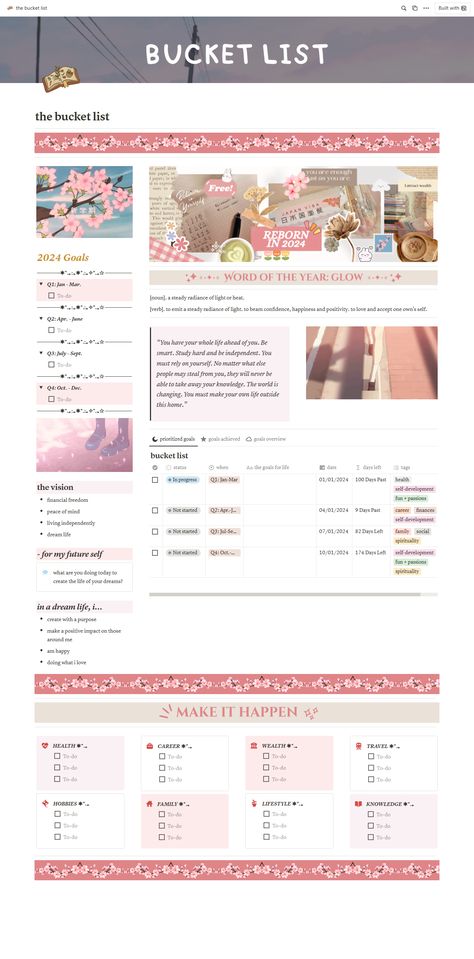 Aesthetic Pink Design: The Bucket List — Noti Summer Notion, Vision Board Notion, Notion Study, Simple Vision Board, Library Goals, To Do Template, Pink Notion, Student Planner Organization, Notion Inspiration