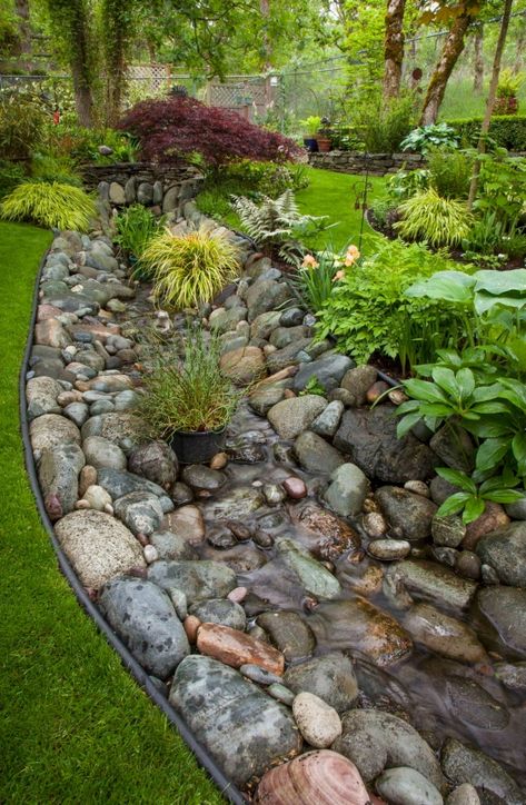 Dry Creek Bed with Large, Medium and Smaller Rocks - Stones. Rock on! ( Yes, I do see there is a trickle of water in this picture, but the design is perfect for a "dry" creek bed for landscaping or for occasional rain overflow. ) Rock Garden Landscaping, Dry Creek, Rain Garden, Landscaping Tips, Landscaping With Rocks, Small Backyard Landscaping, Garden Spaces, Lawn And Garden, Shade Garden