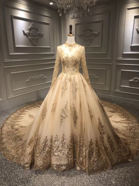 Russian Wedding Dress, Golden Wedding Dress, Glitter Ball Gown, Baju Kahwin, Golden Gown, Wedding Dresses Lace Ballgown, Glitter Ball, Muslim Wedding Dress, Gold Wedding Dress