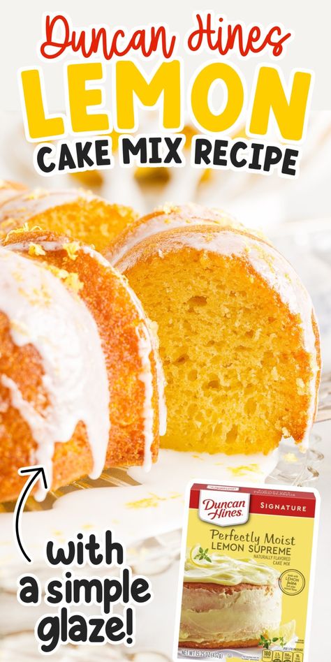 This delicious bundt cake is made with a lemon Duncan Hines cake mix and topped with a simple glaze that is bursting with the right amount lemon flavor. Spice Cake Mix Recipes Duncan Hines, Betty Crocker Lemon Cake Mix Recipes, Cakes Made With Cake Mixes, Lemon Cake Mix Recipes, Bundt Cake Mix, Lemon Cake Mix Recipe, Mini Bundt Cakes Recipes, Lemon Bundt Cake Recipe, Duncan Hines Cake