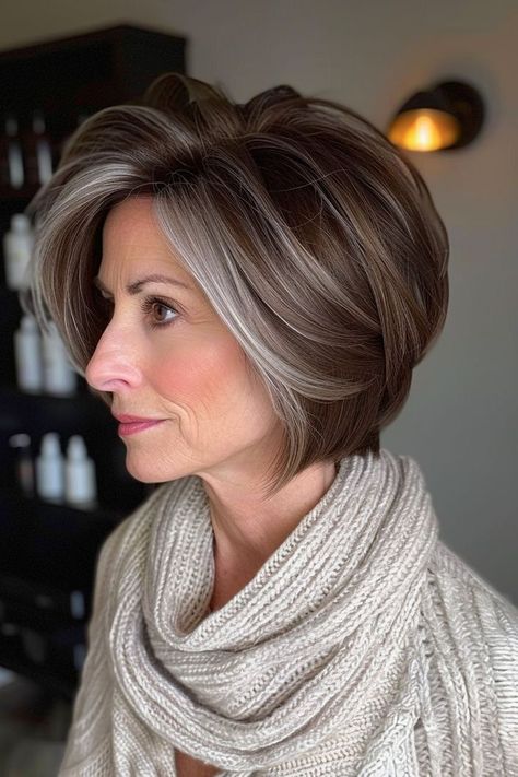 Grey Highlights, Hairstyles For Women Over 50, Women Over 50, Hairstyles For Women, Grey Hair, Brown Hair, Over 50, A Woman, Hair Color