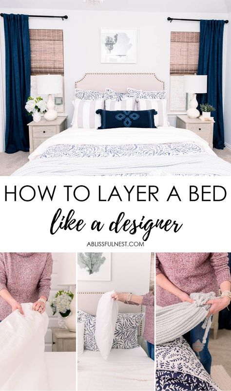 Step by Step tutorial on how to layer a bed + all the essential bedding items you need for a cozy bed. #ABlissfulNest #bedroom #bedding #bedroomideas How To Layer Bedding, How To Layer A Bed Like A Designer, Arizona Bedroom, Layer A Bed, Living Room Decor House, Apartment Tips, Beautiful Beds, Design House Interior, Bedding Ideas