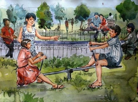 in the garden Garden Memory Drawing, Human Composition Painting Watercolour, Memory Drawing Watercolor Painting, Human Figure Composition Painting, Composition Drawing Sketches, Memory Drawing Sketches, Subject Drawing, Watercolor Scenery Painting, Figure Composition