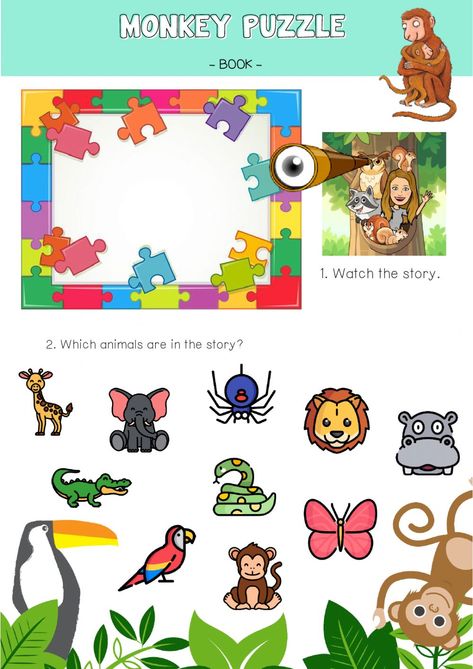 Monkey Puzzle Book, Animal Riddles, Monkey Puzzle, Puzzle Worksheet, Preschool Craft, Pet Monkey, Online Puzzles, Animal Activities, English As A Second Language (esl)