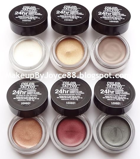 ! **❤ MakeupByJoyce ❤** !: Review + Swatches: Maybelline Color Tattoo 24HR Cream Gel Eyeshadow Best Cream Eyeshadow, Natural Eyeshadow Looks, Maybelline Cosmetics, Cream Tattoo, Gel Eyeshadow, Maybelline Color Tattoo, Tattoo Cream, Natural Glowy Makeup, Natural Eyeshadow