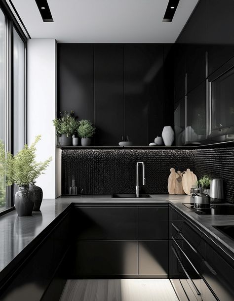 Glossy Black Backsplash Black And Cream Kitchen, Kitchen Styling Countertops, Colorful Eclectic Kitchen, Black Gloss Kitchen, Black And White Kitchen Ideas, Office Bedroom Ideas, White Oak Kitchen Cabinets, Black Marble Countertops, White Kitchen Ideas