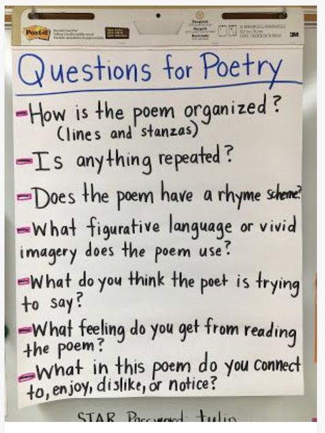 These are all questions to introduce to students before reading a poem or a verse novel. The questions could be displayed at the front of the room for students to refer to throughout, or they could write the questions on their own paper to answer as they read. Poetry Workshop, Poetry Activities, Poetry Unit, Teaching Poetry, Poetry Ideas, Middle School Language Arts, 5th Grade Reading, 4th Grade Reading, Teaching Ela