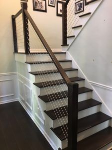 Cable Handrails For Stairs, Modern Cable Railing, Wood Stairs With Cable Railing, Wood And Metal Stair Railing Modern, Cable Stair Railing Interior, Cable Railing Stairs Interior, Wire Railings For Stairs, Interior Cable Stair Railing Ideas, Barndo Decor