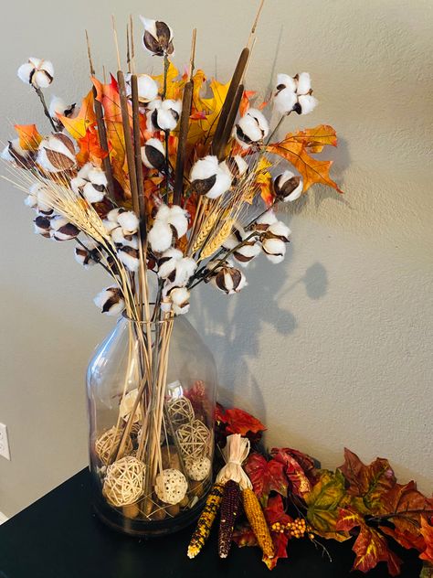 Cotton Stems Decor Vase, Tall Vase Fall Decor, Fall Vase Arrangements, Missions Conference, Americana Crafts, Bouquet Arrangement, Fall Bouquet, Fall Table Centerpieces, Friendsgiving Dinner