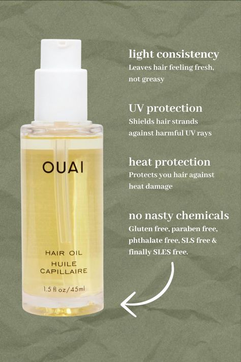 Hair oil recommendation post. Describes OUAI hair oil and its benefits including: heat protection, uv protection, tames frizz and adds moisture. Hair Oil Recommendations, Best Products For Heat Damaged Hair, Best Hair Care Products For Damaged Hair, Hair Oil For Ends, Heat Protection For Hair, Ouai Hair Products, Sociology Project, Hair Heat Protectant, Products For Damaged Hair