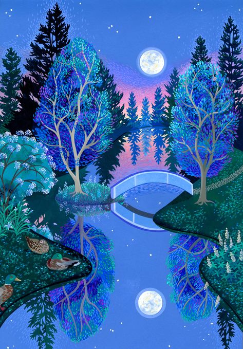 Giclee Print - Serenity is the mood of the moonlight. A still pond, a flowering garden and a clear sky contribute to a sense of quiet and calm. Your dream garden (literally or figuratively) awaits. Beautifully reproduced from a meticulous acrylic painting, this giclee landscape is printed on heavyweight archival paper with light-fast inks. Limited edition of 200 inclusive of all sizes. Signed and numbered on the bottom. Gouache Landscape, Night Sky Art, Comfort Art, Acrylic Gouache, Night Garden, Affinity Designer, Clear Sky, Periwinkle Blue, Contemporary Landscape