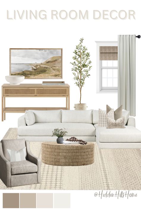 Neutral Living room design board with a cream sectional sofa and a swivel accent chair. In the center of the space, a woven coffee table adds warmth and texture. Living Room Decor Modern Comfy, Light Tan Sectional Living Room, Living Room Color Schemes Neutral, Neutral Formal Living Room, Entry Lounge Room Ideas, Greige Living Room Decor Inspiration, Living Room Inspiration Mood Board, Refined Rustic Living Room, Organic Natural Decor Living Room