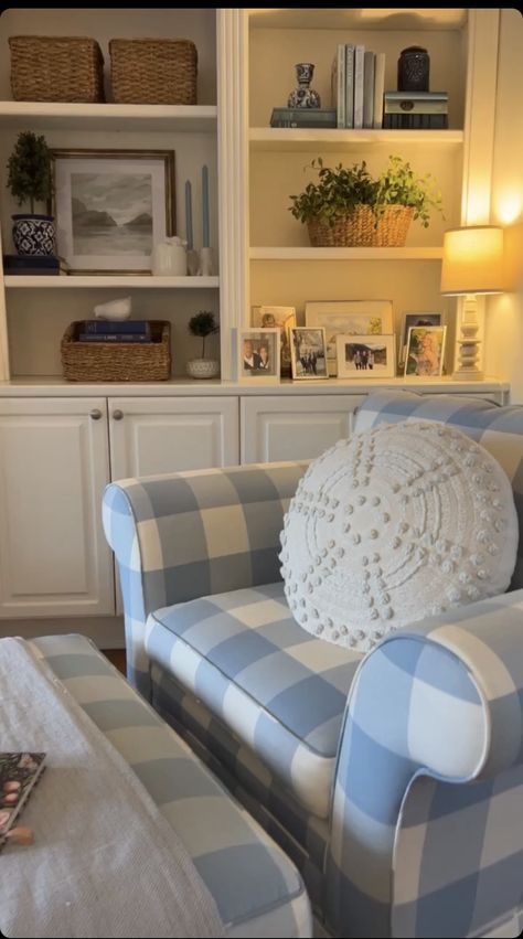 Royal Blue Farmhouse Decor, Cottage Blue Living Room, Light Blue Cottage Living Room, Gingham Chairs Living Room, Living Room Light Blue Walls, Blue Cottagecore Aesthetic, Southern Living Decor, College House, Coastal Home Decor