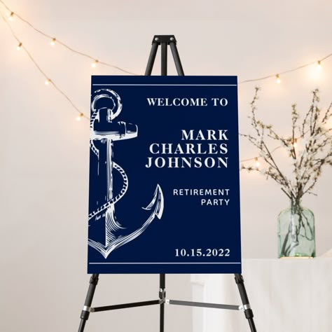 Us Navy Retirement Party Ideas, Us Navy Retirement Party Decorations, Navy Retirement Party Ideas Centerpieces, Navy Retirement Decorations, Us Navy Themed Party, Marine Party Ideas, Nautical Retirement Party, Navy Retirement, Sailing Into Retirement Party