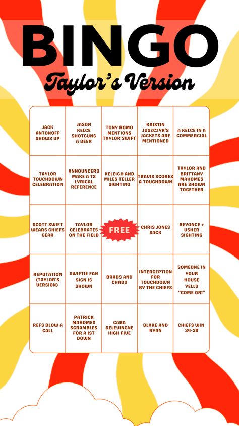 Big Game Bingo (Taylor's Version) Printable PDF Game Bingo, Tony Romo, Miles Teller, Bingo Games, Big Game, If You Love, Bingo, Beyonce, Taylor Swift