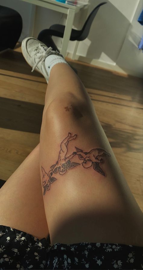 3 Angels Tattoo Above Knee, Angle Leg Tattoo, Tattoo Behind Thigh Women, Bird Above Knee Tattoo, Angel Leg Tattoos Women, Angel Wings Tattoo Thigh, Angel Above Knee Tattoo, Angel Wing Knee Tattoo, Angel Tattoo On Thigh