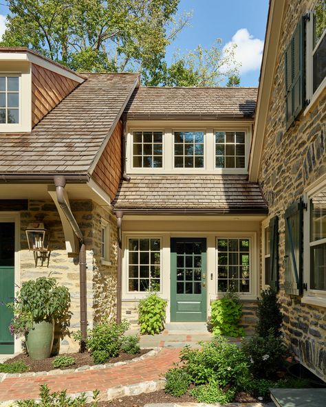 Fallowfield Cottage - Archer & Buchanan Architecture European Cottage Exterior, Shingle Cottage, Cedar Shingle, Stone Exterior Houses, Cedar Shingle Roof, New Garage, European Cottage, Colonial Exterior, Cottage Exterior