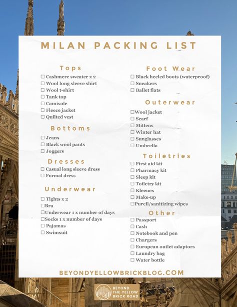 This printable Milan packing list is perfect for female travelers headed to Milan or northern Italy in November or early winter. I used a capsule wardrobe to create outfits that were stylish, functional, and comfortable to navigate Milan's November weather. Packing For Italy In November, Packing List Italy, What To Wear In Milan, Milan Italy Outfit, Italy In November, November Weather, Italy In September, Milan Outfits, December Aesthetic