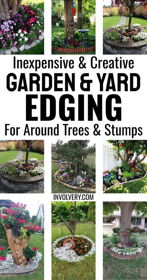 Garden Edging Ideas - Inexpensive DIY Borders For Landscaping Around Trees and Stumps In Your Yard - flower borders, rock borders brick stones, lawn edging ideas cheap, garden boarders ideas Edge Border Landscape, Rock Flower Beds Ideas, Diy Brick Landscape Edging, Flower Bed Borders Ideas, Edging Ideas For Flower Beds, Tree Edging Ideas Front Yards, Edging Around Trees Ideas, Diy Flower Bed Border Ideas, Landscape Borders Edging