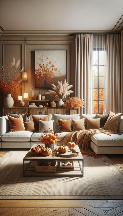 A warm living room with an autumn theme: A large neutral sectional sofa with cozy pillows in orange and brown. Pumpkins and autumn leaves decorate the wooden coffee table. The room is filled with natural light from large windows with sheer curtains. Cream And Orange Living Room, Autumn Living Room Ideas, Curtains Inspiration, Sofa Rustic, Warm Inviting Home, Cozy Fall Living Room, Elegant Fall Decor, Sectional Sofa Beige, Autumn Living Room